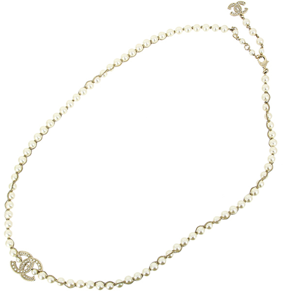 Chanel Gold Costume Coco Mark Long Metal Chain Champagne Necklace GP Pearl Gold